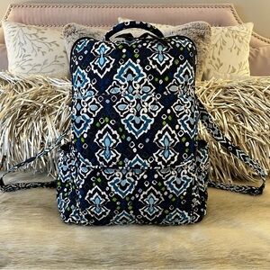 VERA BRADLEY Ink Blue Essential Campus Backpack Green White Medallions REPAIRED